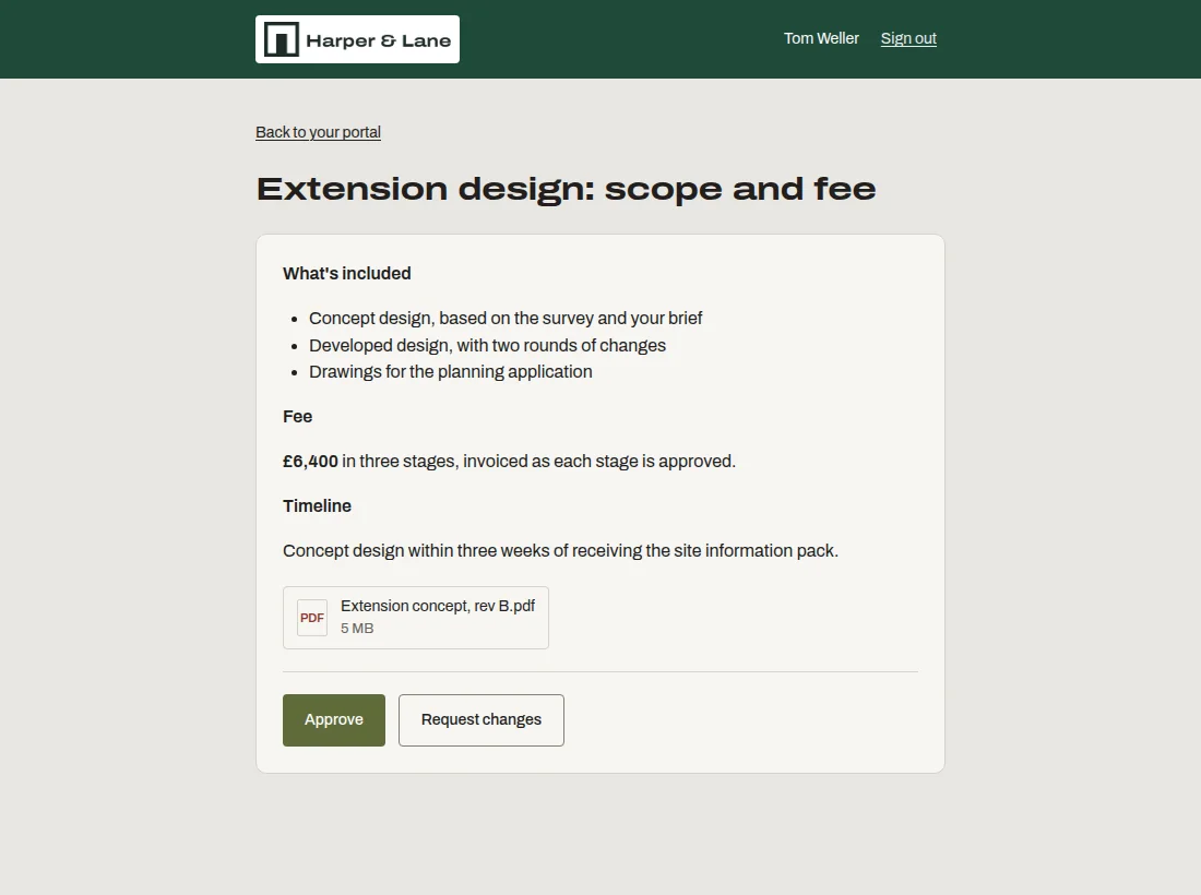 The approval page for 'Extension design: scope and fee' in a client's Harper & Lane portal: the scope, the fee, the attached drawings and buttons to approve or request changes.