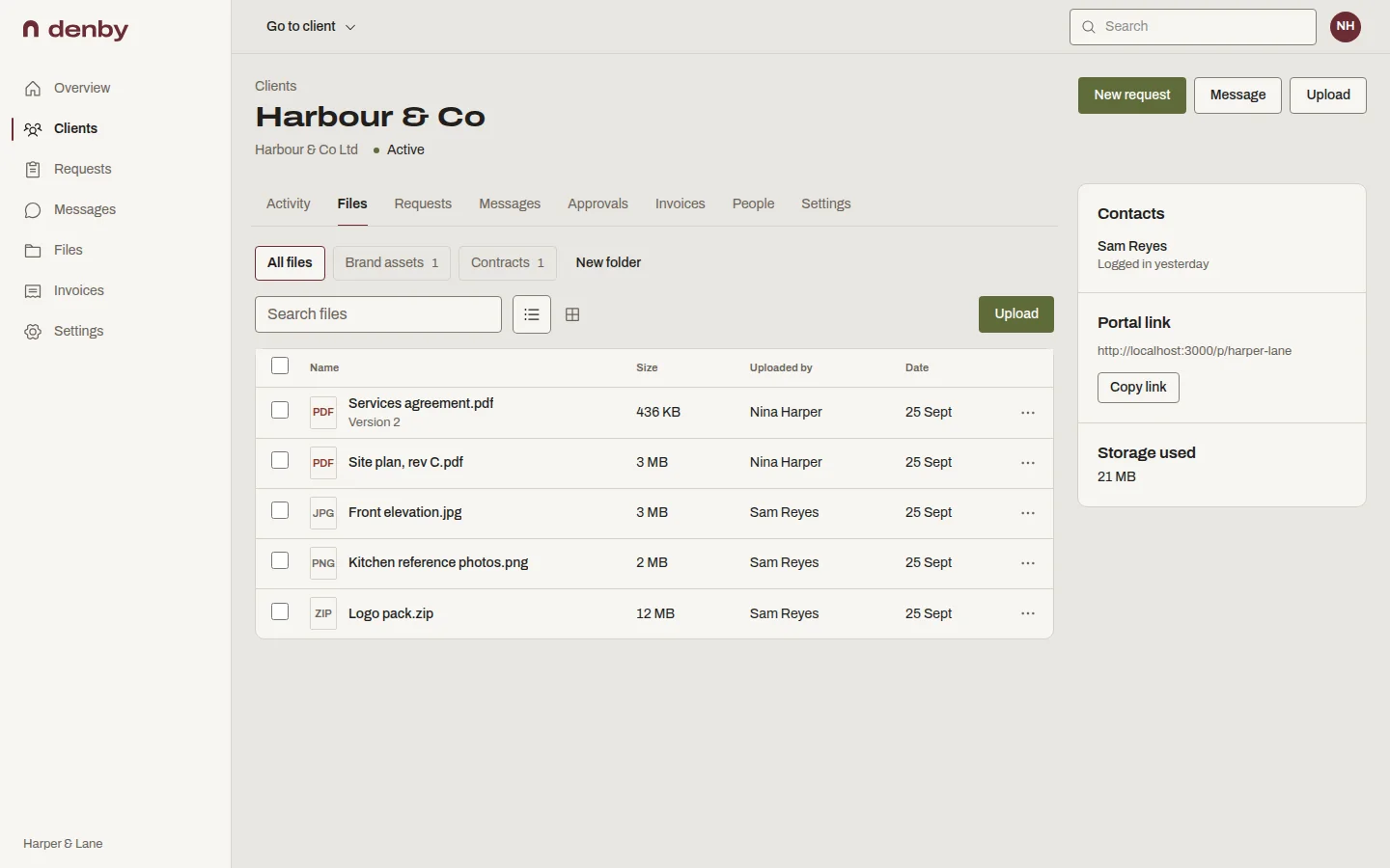 The Files tab for Harbour & Co in Denby: folders for Contracts and Brand assets, a list of PDFs and images with their versions, and who uploaded each one.