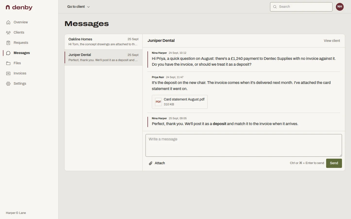 A Denby message thread with Juniper Dental: a question about an unexplained payment, the client's reply with a card statement attached, and the answer.