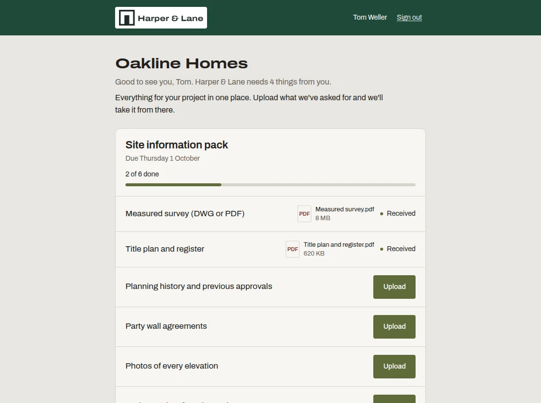 A client's portal home for Oakline Homes: the firm's logo on its header band, a greeting and welcome message, and one open request with two of six items received.