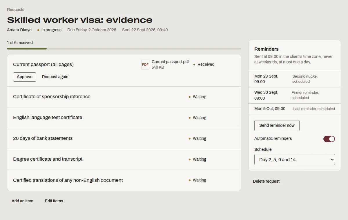 A Denby request titled 'Skilled worker visa: evidence' listing passport pages, sponsorship reference, English test, bank statements, degree certificate and certified translations.