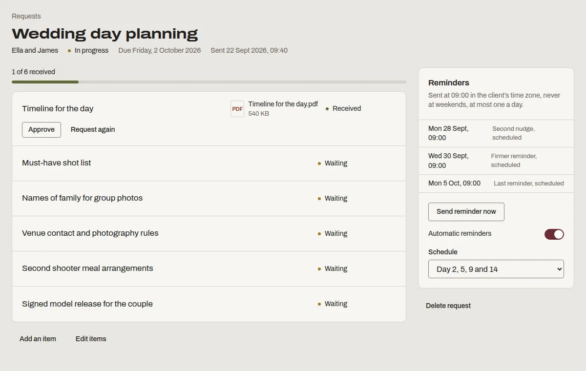 A Denby request titled 'Wedding day planning' for Ella and James: timeline, shot list, family names, venue rules, meal arrangements and a signed model release.