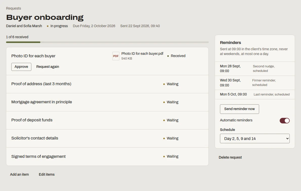 A Denby request titled 'Buyer onboarding' for Daniel and Sofia Marsh, with ID, proof of address, mortgage agreement in principle, proof of funds, solicitor details and signed terms.