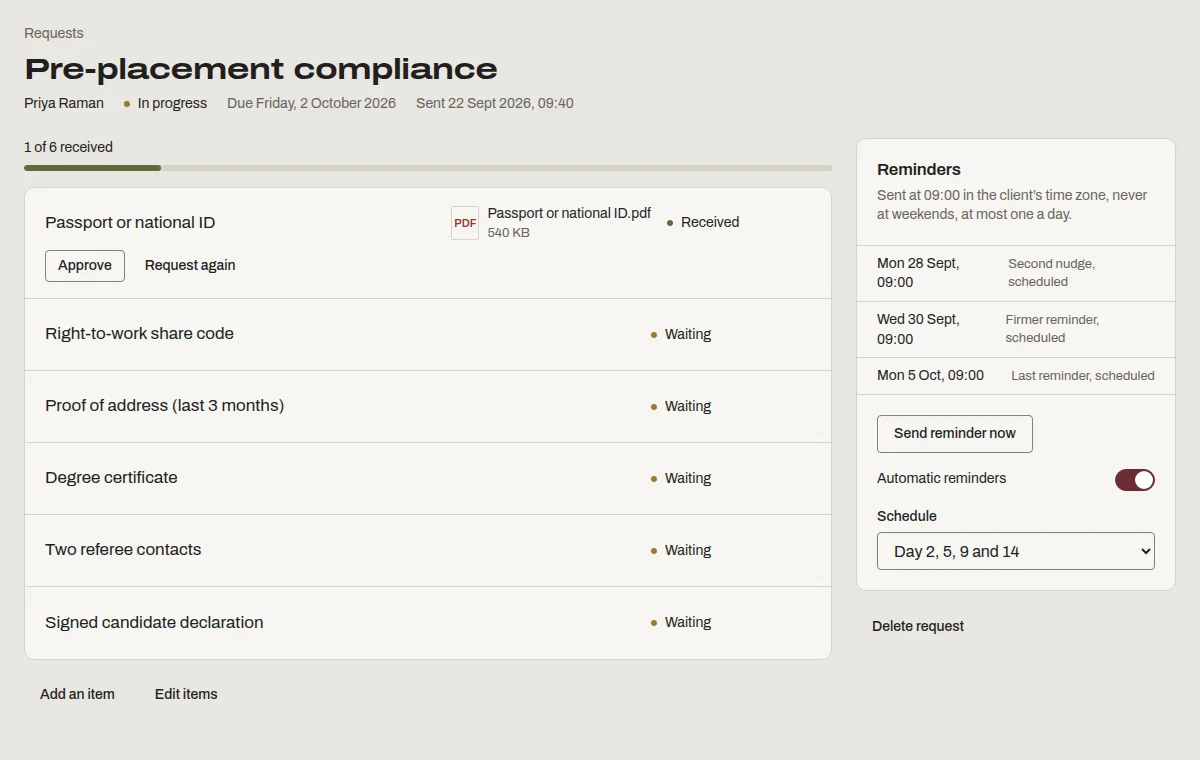A Denby request titled 'Pre-placement compliance' for a candidate, listing ID, right-to-work share code, proof of address, degree certificate, referees and a signed declaration.