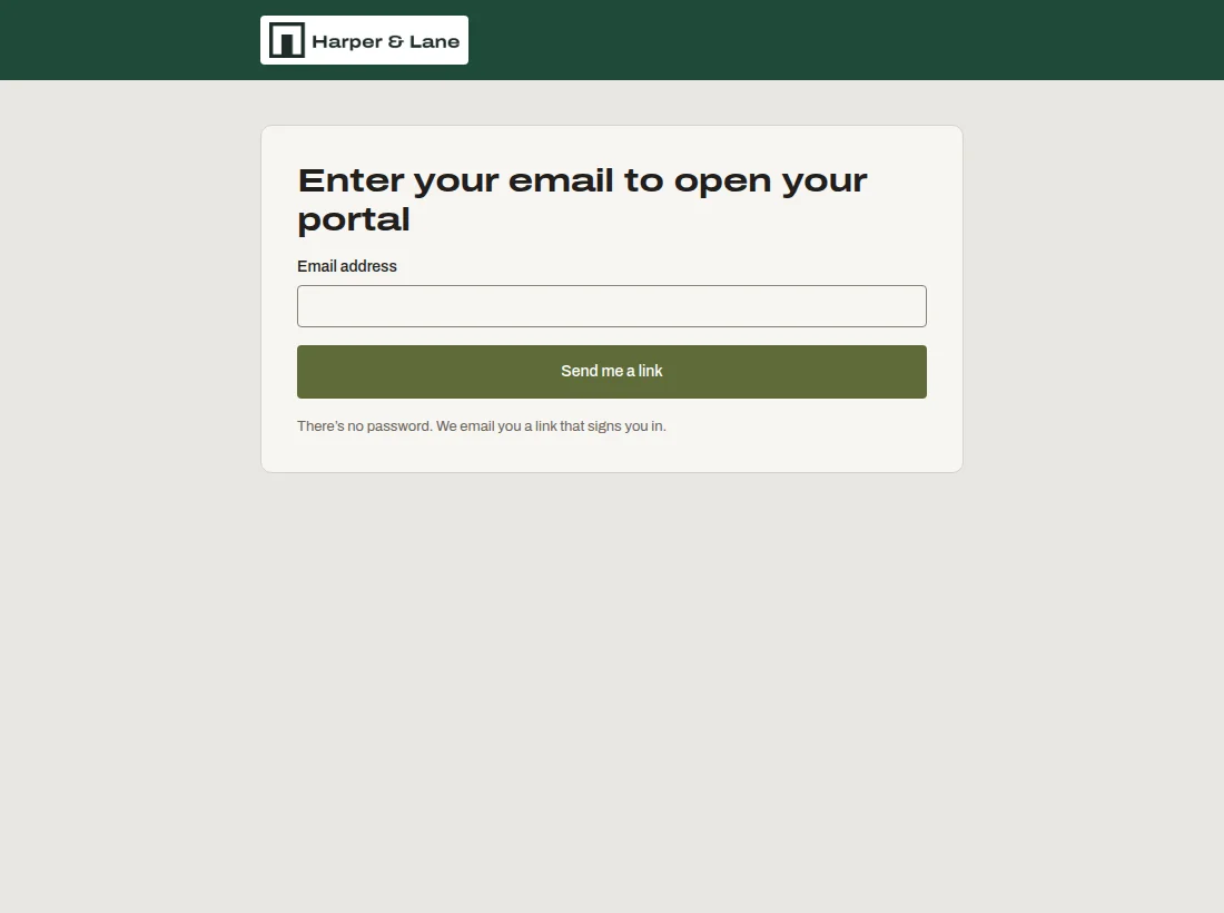 The sign-in page of a client portal branded for Harper & Lane: their logo on a dark green header band, and an email field instead of a password.